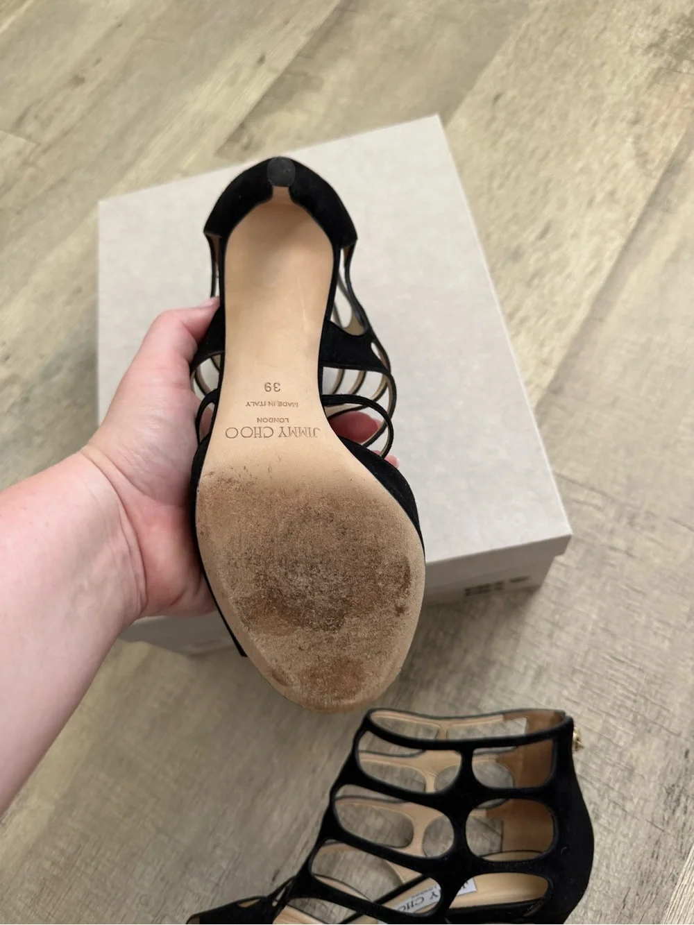 Jimmy Choo Black Suede Cage Stiletto Sandals
